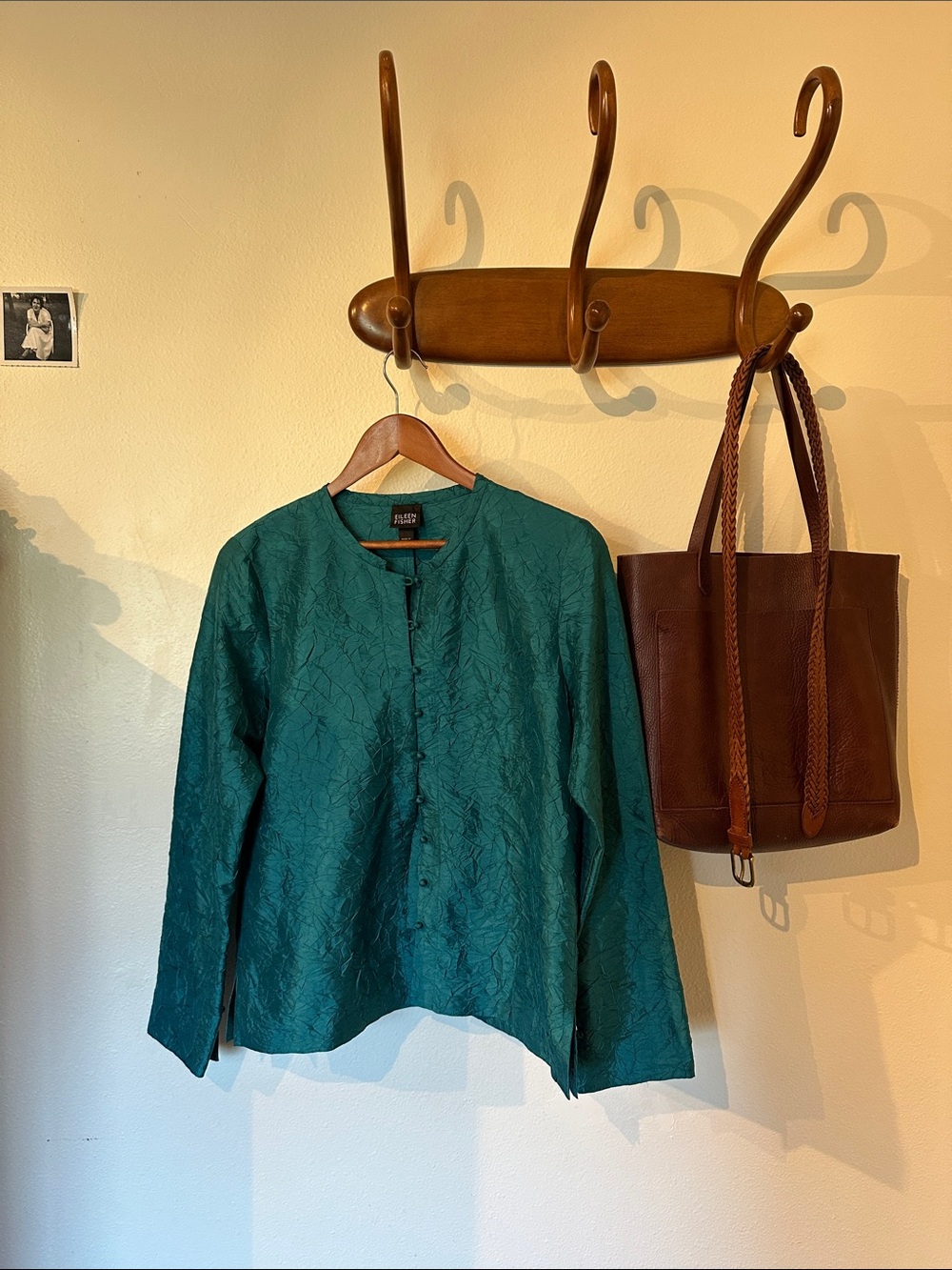 EILEEN FISHER Teal Button-Front 100% Silk Jacket